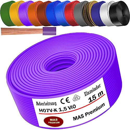 Von 5 bis 100m Aderleitung H07 V-K 1x1,5 mm² Schwarz, Hellblau, Grün/Gelb, Grün, Rot, Dunkelblau, Braun, Orange, Grau, Weiß, Violett, Ultramarinblau oder Gelb Einzelader flexibel (Violett, 15m) von MAS Premium