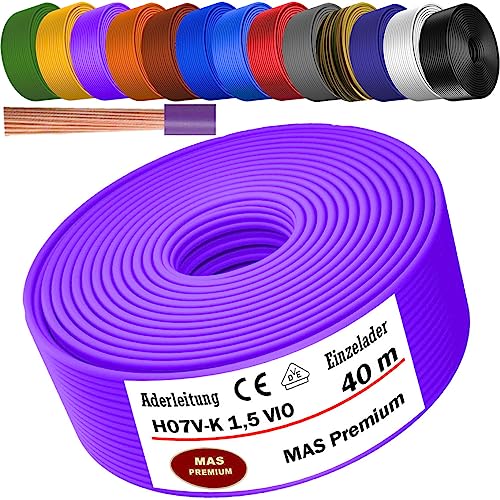 Von 5 bis 100m Aderleitung H07 V-K 1x1,5 mm² Schwarz, Hellblau, Grün/Gelb, Grün, Rot, Dunkelblau, Braun, Orange, Grau, Weiß, Violett, Ultramarinblau oder Gelb Einzelader flexibel (Violett, 40m) von MAS Premium