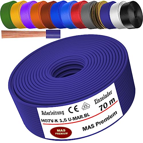 Von 5 bis 100m Aderleitung H07 V-K 1x1,5 mm² Schwarz, Hellblau, Grün/Gelb, Grün, Rot, Dunkelblau, Braun, Orange, Grau, Weiß, Violett, Ultramarinblau oder Gelb Einzelader flexibel (Ultramarinblau, 70m) von MAS Premium