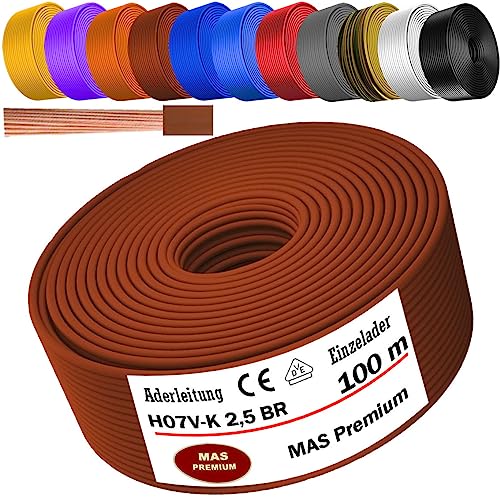 Von 5 bis 100m Aderleitung H07 V-K 2,5 mm² Schwarz, Hellblau, Grün/Gelb, Rot, Dunkelblau, Braun, Orange, Grau, Weiß, Violett oder Gelb Einzelader flexibel (Braun, 100m) von MAS Premium