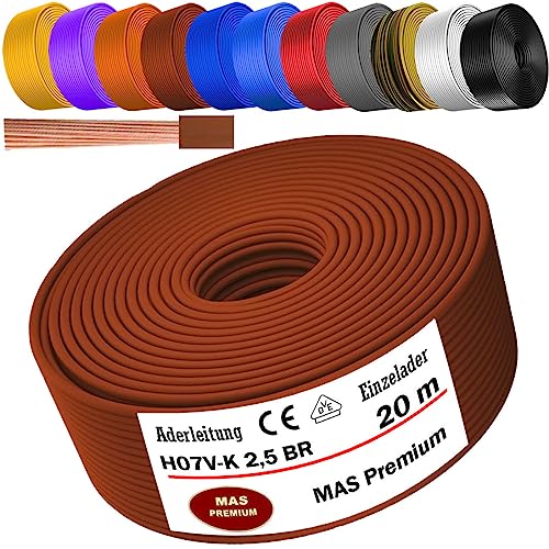 Von 5 bis 100m Aderleitung H07 V-K 2,5 mm² Schwarz, Hellblau, Grün/Gelb, Rot, Dunkelblau, Braun, Orange, Grau, Weiß, Violett oder Gelb Einzelader flexibel (Braun, 20m) von MAS Premium