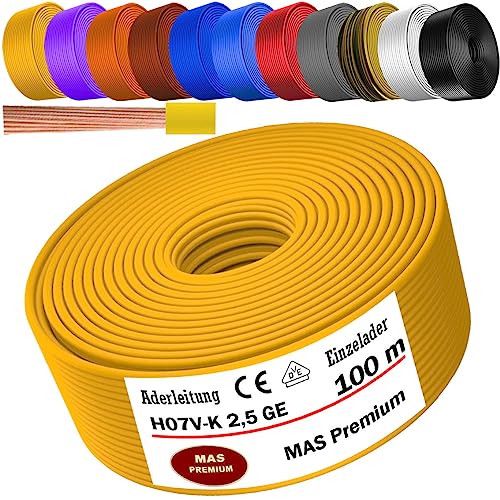 Von 5 bis 100m Aderleitung H07 V-K 2,5 mm² Schwarz, Hellblau, Grün/Gelb, Rot, Dunkelblau, Braun, Orange, Grau, Weiß, Violett oder Gelb Einzelader flexibel (Gelb, 100m) von MAS Premium