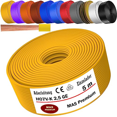 Von 5 bis 100m Aderleitung H07 V-K 2,5 mm² Schwarz, Hellblau, Grün/Gelb, Rot, Dunkelblau, Braun, Orange, Grau, Weiß, Violett oder Gelb Einzelader flexibel (Gelb, 5m) von MAS Premium