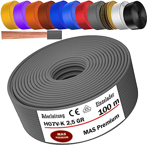 Von 5 bis 100m Aderleitung H07 V-K 2,5 mm² Schwarz, Hellblau, Grün/Gelb, Rot, Dunkelblau, Braun, Orange, Grau, Weiß, Violett oder Gelb Einzelader flexibel (Grau, 100m) von MAS Premium