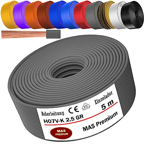 Von 5 bis 100m Aderleitung H07 V-K 2,5 mm² Schwarz, Hellblau, Grün/Gelb, Rot, Dunkelblau, Braun, Orange, Grau, Weiß, Violett oder Gelb Einzelader flexibel (Grau, 5m) von MAS Premium