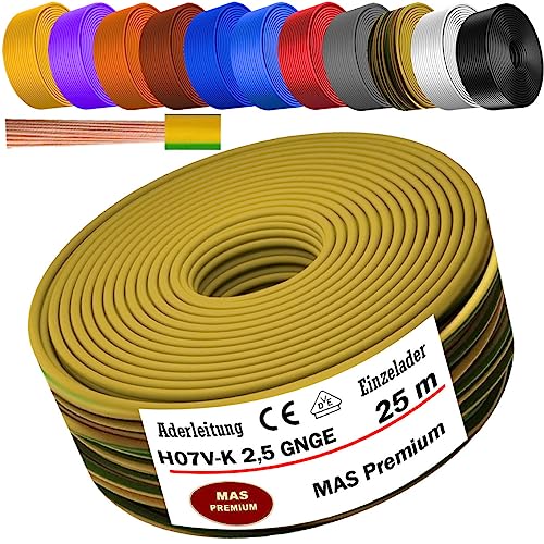 Von 5 bis 100m Aderleitung H07 V-K 2,5 mm² Schwarz, Hellblau, Grün/Gelb, Rot, Dunkelblau, Braun, Orange, Grau, Weiß, Violett oder Gelb Einzelader flexibel (Grün/Gelb, 25m) von MAS Premium