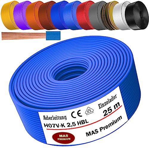 Von 5 bis 100m Aderleitung H07 V-K 2,5 mm² Schwarz, Hellblau, Grün/Gelb, Rot, Dunkelblau, Braun, Orange, Grau, Weiß, Violett oder Gelb Einzelader flexibel (Hellblau, 25m) von MAS Premium