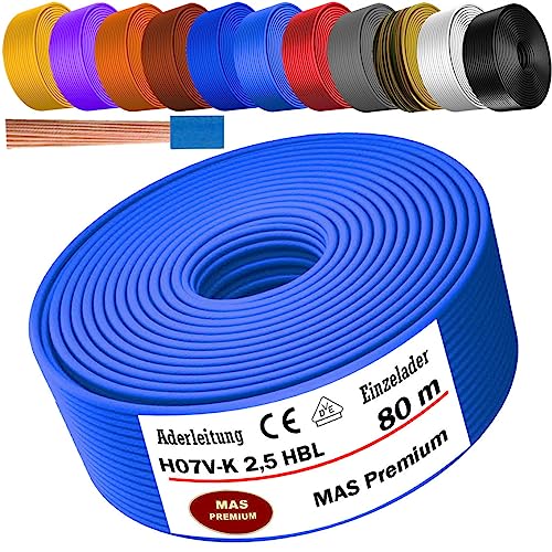 Von 5 bis 100m Aderleitung H07 V-K 2,5 mm² Schwarz, Hellblau, Grün/Gelb, Rot, Dunkelblau, Braun, Orange, Grau, Weiß, Violett oder Gelb Einzelader flexibel (Hellblau, 80m) von MAS Premium