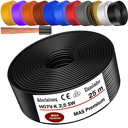 Von 5 bis 100m Aderleitung H07 V-K 2,5 mm² Schwarz, Hellblau, Grün/Gelb, Rot, Dunkelblau, Braun, Orange, Grau, Weiß, Violett oder Gelb Einzelader flexibel (Schwarz, 25m) von MAS Premium