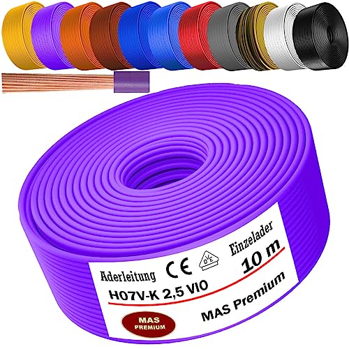Von 5 bis 100m Aderleitung H07 V-K 2,5 mm² Schwarz, Hellblau, Grün/Gelb, Rot, Dunkelblau, Braun, Orange, Grau, Weiß, Violett oder Gelb Einzelader flexibel (Violett, 10m) von MAS Premium