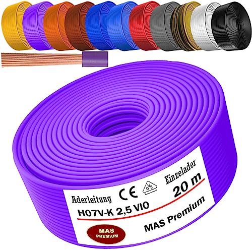 Von 5 bis 100m Aderleitung H07 V-K 2,5 mm² Schwarz, Hellblau, Grün/Gelb, Rot, Dunkelblau, Braun, Orange, Grau, Weiß, Violett oder Gelb Einzelader flexibel (Violett, 20m) von MAS Premium