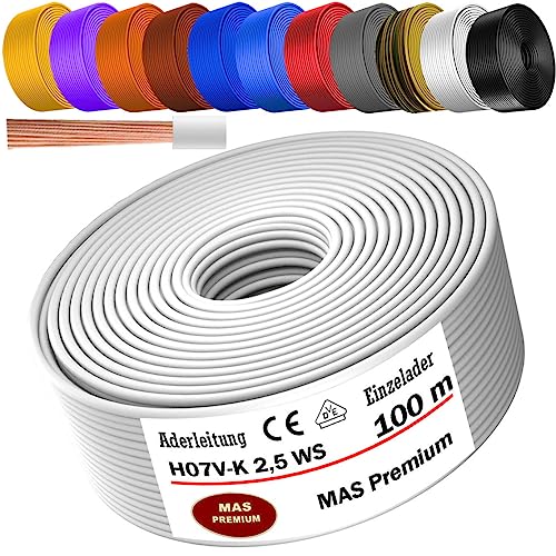 Von 5 bis 100m Aderleitung H07 V-K 2,5 mm² Schwarz, Hellblau, Grün/Gelb, Rot, Dunkelblau, Braun, Orange, Grau, Weiß, Violett oder Gelb Einzelader flexibel (Weiß, 100m) von MAS Premium