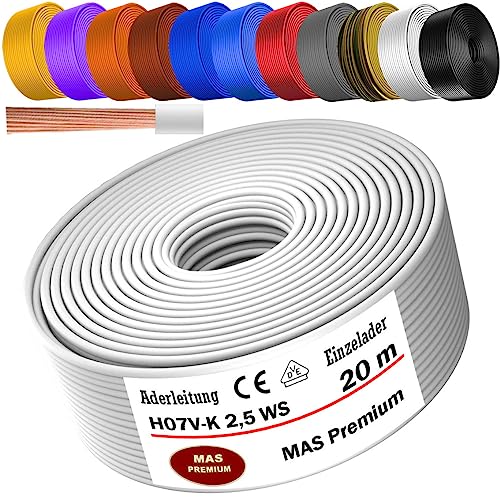 Von 5 bis 100m Aderleitung H07 V-K 2,5 mm² Schwarz, Hellblau, Grün/Gelb, Rot, Dunkelblau, Braun, Orange, Grau, Weiß, Violett oder Gelb Einzelader flexibel (Weiß, 20m) von MAS Premium