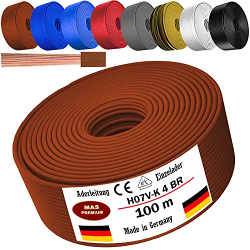 Von 5 bis 100m Aderleitung H07 V-K 4 mm² Schwarz, Braun, Dunkelblau, Grüngelb, Grau, Hellblau, Weiß oder Rot Einzelader flexibel (Braun, 100m) von MAS Premium