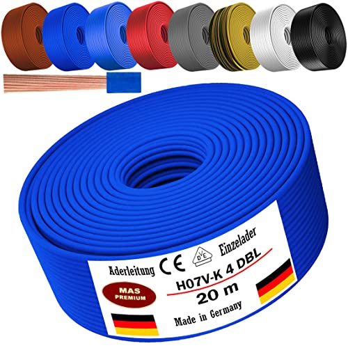 Von 5 bis 100m Aderleitung H07 V-K 4 mm² Schwarz, Braun, Dunkelblau, Grüngelb, Grau, Hellblau, Weiß oder Rot Einzelader flexibel (Dunkelblau, 20m) von MAS Premium