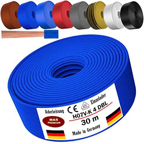 Von 5 bis 100m Aderleitung H07 V-K 4 mm² Schwarz, Braun, Dunkelblau, Grüngelb, Grau, Hellblau, Weiß oder Rot Einzelader flexibel (Dunkelblau, 30m) von MAS Premium
