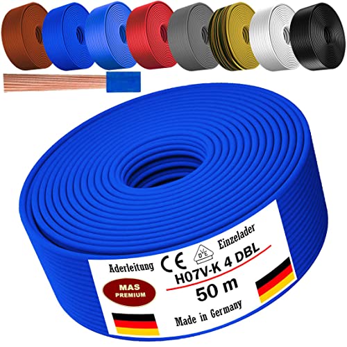 Von 5 bis 100m Aderleitung H07 V-K 4 mm² Schwarz, Braun, Dunkelblau, Grüngelb, Grau, Hellblau, Weiß oder Rot Einzelader flexibel (Dunkelblau, 50m) von MAS Premium