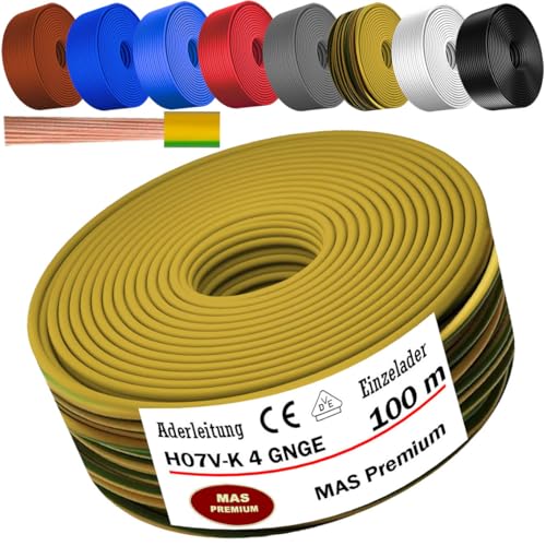 MAS Premium Von 5 bis 100m Aderleitung H07 V-K 4 mm² Schwarz, Braun, Dunkelblau, Grüngelb, Grau, Hellblau, Weiß oder Rot Einzelader flexibel (Grüngelb, 100m) von MAS Premium