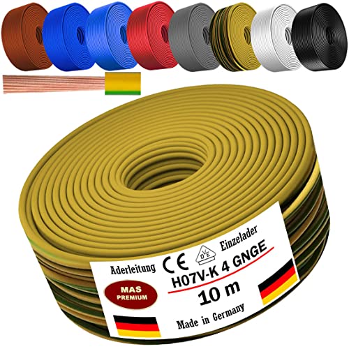 Von 5 bis 100m Aderleitung H07 V-K 4 mm² Schwarz, Braun, Dunkelblau, Grüngelb, Grau, Hellblau, Weiß oder Rot Einzelader flexibel (Grüngelb, 10m) von MAS Premium