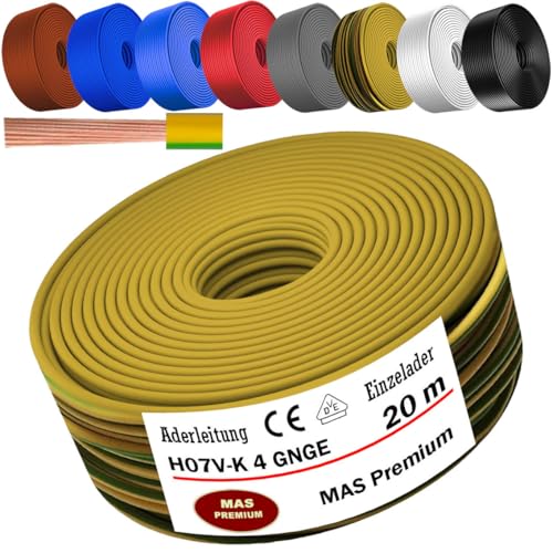 MAS Premium Von 5 bis 100m Aderleitung H07 V-K 4 mm² Schwarz, Braun, Dunkelblau, Grüngelb, Grau, Hellblau, Weiß oder Rot Einzelader flexibel (Grüngelb, 20m) von MAS Premium