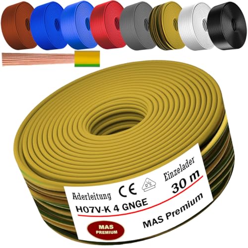 MAS Premium Von 5 bis 100m Aderleitung H07 V-K 4 mm² Schwarz, Braun, Dunkelblau, Grüngelb, Grau, Hellblau, Weiß oder Rot Einzelader flexibel (Grüngelb, 30m) von MAS Premium