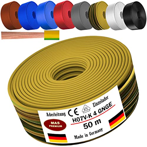 Von 5 bis 100m Aderleitung H07 V-K 4 mm² Schwarz, Braun, Dunkelblau, Grüngelb, Grau, Hellblau, Weiß oder Rot Einzelader flexibel (Grüngelb, 50m) von MAS Premium