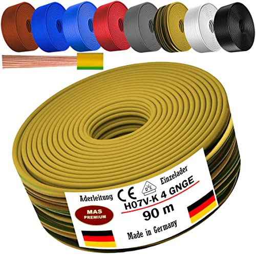 Von 5 bis 100m Aderleitung H07 V-K 4 mm² Schwarz, Braun, Dunkelblau, Grüngelb, Grau, Hellblau, Weiß oder Rot Einzelader flexibel (Grüngelb, 90m) von MAS Premium