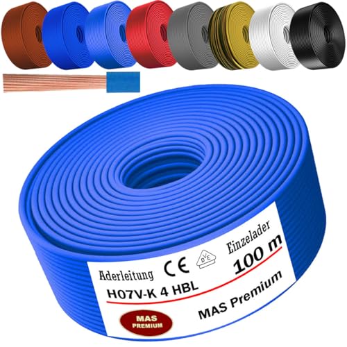 Von 5 bis 100m Aderleitung H07 V-K 4 mm² Schwarz, Braun, Dunkelblau, Grüngelb, Grau, Hellblau, Weiß oder Rot Einzelader flexibel (Hellblau, 100m) von MAS Premium