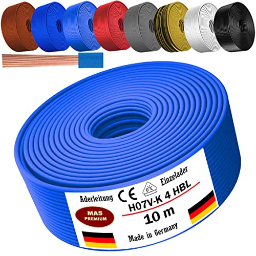 Von 5 bis 100m Aderleitung H07 V-K 4 mm² Schwarz, Braun, Dunkelblau, Grüngelb, Grau, Hellblau, Weiß oder Rot Einzelader flexibel (Hellblau, 10m) von MAS Premium