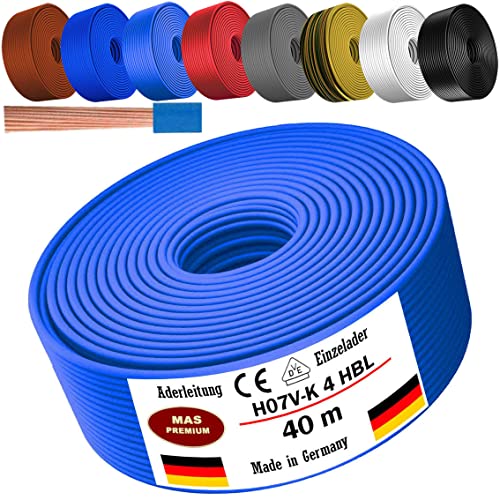 Von 5 bis 100m Aderleitung H07 V-K 4 mm² Schwarz, Braun, Dunkelblau, Grüngelb, Grau, Hellblau, Weiß oder Rot Einzelader flexibel (Hellblau, 40m) von MAS Premium