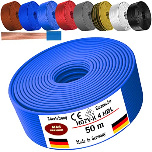 Von 5 bis 100m Aderleitung H07 V-K 4 mm² Schwarz, Braun, Dunkelblau, Grüngelb, Grau, Hellblau, Weiß oder Rot Einzelader flexibel (Hellblau, 50m) von MAS Premium