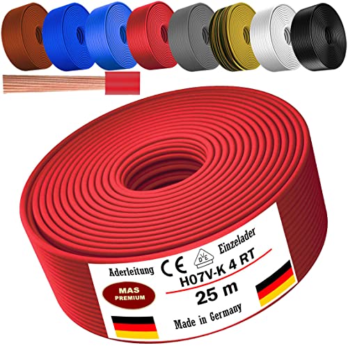 Von 5 bis 100m Aderleitung H07 V-K 4 mm² Schwarz, Braun, Dunkelblau, Grüngelb, Grau, Hellblau, Weiß oder Rot Einzelader flexibel (Rot, 25m) von MAS Premium