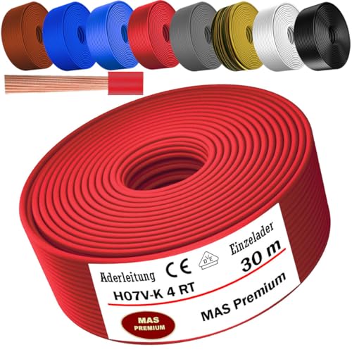 MAS Premium Von 5 bis 100m Aderleitung H07 V-K 4 mm² Schwarz, Braun, Dunkelblau, Grüngelb, Grau, Hellblau, Weiß oder Rot Einzelader flexibel (Rot, 30m) von MAS Premium