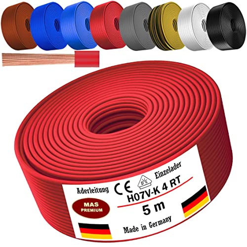 Von 5 bis 100m Aderleitung H07 V-K 4 mm² Schwarz, Braun, Dunkelblau, Grüngelb, Grau, Hellblau, Weiß oder Rot Einzelader flexibel (Rot, 5m) von MAS Premium