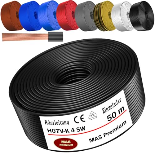 MAS Premium Von 5 bis 100m Aderleitung H07 V-K 4 mm² Schwarz, Braun, Dunkelblau, Grüngelb, Grau, Hellblau, Weiß oder Rot Einzelader flexibel (Schwarz, 50m) von MAS Premium