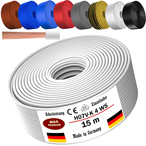 Von 5 bis 100m Aderleitung H07 V-K 4 mm² Schwarz, Braun, Dunkelblau, Grüngelb, Grau, Hellblau, Weiß oder Rot Einzelader flexibel (Weiß, 15m) von MAS Premium