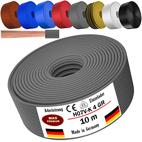 Von 5 bis 100m Aderleitung H07 V-K 4 mm² Schwarz, Braun, Dunkelblau, Grüngelb, Grau, Hellblau, Weiß oder Rot Einzelader flexibel (Grau, 10m) von MAS Premium