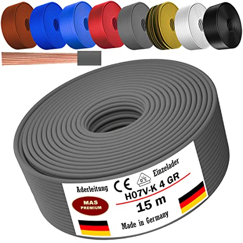 Von 5 bis 100m Aderleitung H07 V-K 4 mm² Schwarz, Braun, Dunkelblau, Grüngelb, Grau, Hellblau, Weiß oder Rot Einzelader flexibel (Grau, 15m) von MAS Premium