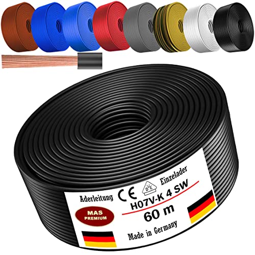 Von 5 bis 100m Aderleitung H07 V-K 4 mm² Schwarz, Braun, Dunkelblau, Grüngelb, Grau, Hellblau, Weiß oder Rot Einzelader flexibel (Schwarz, 60m) von MAS Premium