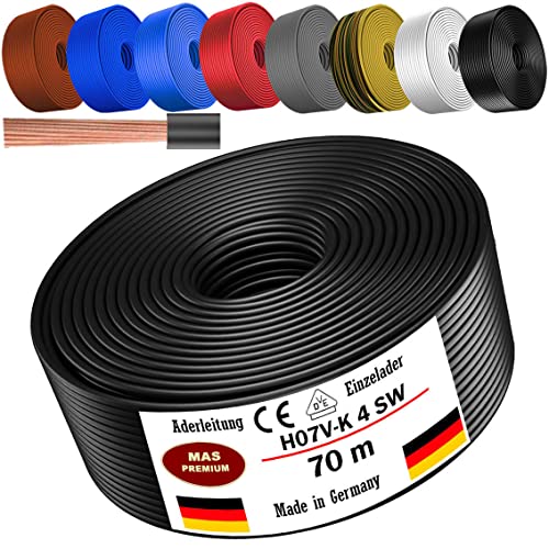 Von 5 bis 100m Aderleitung H07 V-K 4 mm² Schwarz, Braun, Dunkelblau, Grüngelb, Grau, Hellblau, Weiß oder Rot Einzelader flexibel (Schwarz, 70m) von MAS Premium