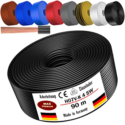 Von 5 bis 100m Aderleitung H07 V-K 4 mm² Schwarz, Braun, Dunkelblau, Grüngelb, Grau, Hellblau, Weiß oder Rot Einzelader flexibel (Schwarz, 90m) von MAS Premium