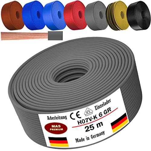 Von 5 bis 100m Aderleitung H07 V-K 6 mm² Schwarz, Braun, Dunkelblau, Grüngelb, Grau, Rot oder Hellblau Einzelader flexibel (Grau, 25m) von MAS Premium