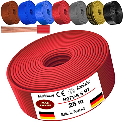 Von 5 bis 100m Aderleitung H07 V-K 6 mm² Schwarz, Braun, Dunkelblau, Grüngelb, Grau, Rot oder Hellblau Einzelader flexibel (Rot, 25m) von MAS Premium
