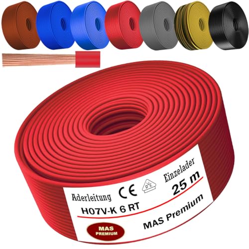 MAS Premium Von 5 bis 100m Aderleitung H07 V-K 6 mm² Schwarz, Braun, Dunkelblau, Grüngelb, Grau, Rot oder Hellblau Einzelader flexibel (Rot, 25m) von MAS Premium
