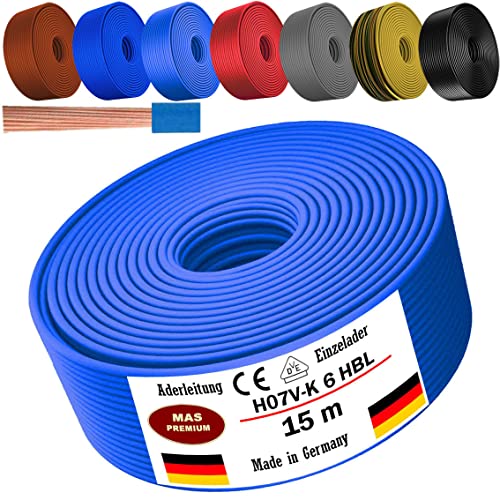 Von 5 bis 100m Aderleitung H07 V-K 6 mm² Schwarz, Braun, Dunkelblau, Grüngelb, Grau, Rot oder Hellblau Einzelader flexibel (Hellblau, 15m) von MAS Premium