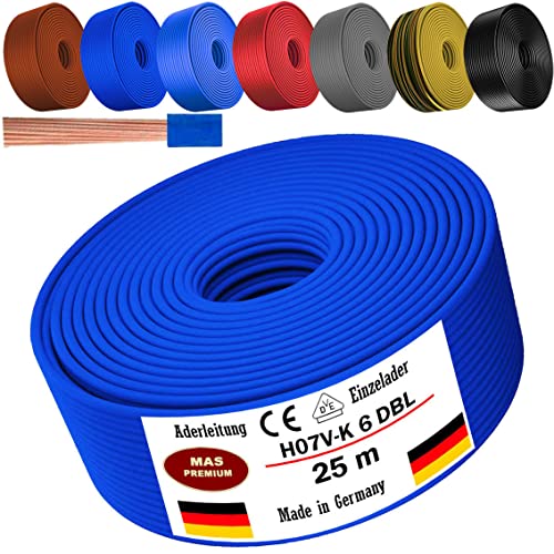 Von 5 bis 100m Aderleitung H07 V-K 6 mm² Schwarz, Braun, Dunkelblau, Grüngelb, Grau, Rot oder Hellblau Einzelader flexibel (Dunkelblau, 25m) von MAS Premium