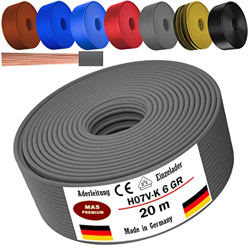 Von 5 bis 100m Aderleitung H07 V-K 6 mm² Schwarz, Braun, Dunkelblau, Grüngelb, Grau, Rot oder Hellblau Einzelader flexibel (Grau, 20m) von MAS Premium