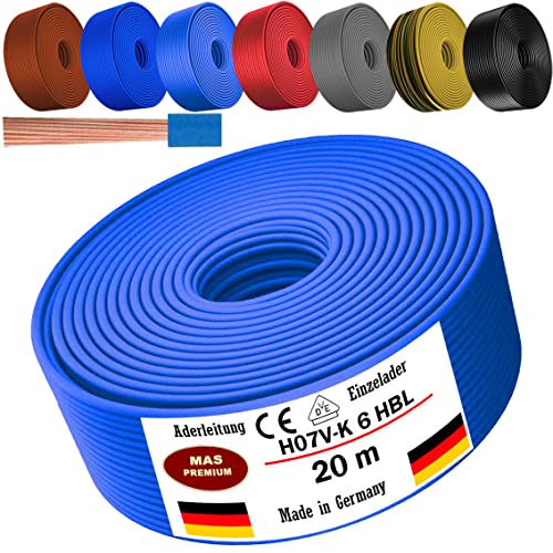 Von 5 bis 100m Aderleitung H07 V-K 6 mm² Schwarz, Braun, Dunkelblau, Grüngelb, Grau, Rot oder Hellblau Einzelader flexibel (Hellblau, 20m) von MAS Premium