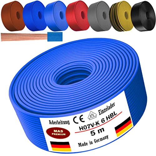 Von 5 bis 100m Aderleitung H07 V-K 6 mm² Schwarz, Braun, Dunkelblau, Grüngelb, Grau, Rot oder Hellblau Einzelader flexibel (Hellblau, 5m) von MAS Premium