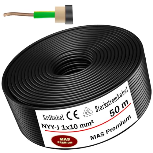 Von 5 bis 100m Erdkabel Starkstromkabel NYY-J 1x10 mm² Elektrokabel OFC Ring zur Verlegung im Freien, Erdreich (50m) von MAS Premium